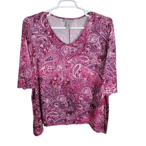 Catherines Size 2X P Top V Neck Light Jersey Knit Paisley Rhinestone Accents - Picture 2 of 10